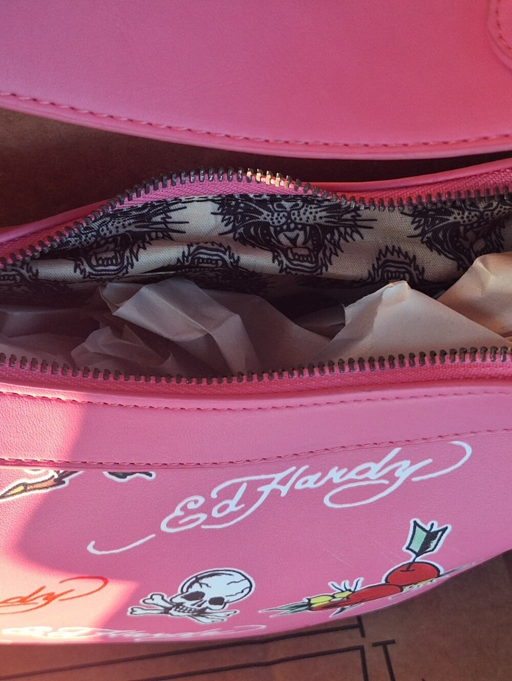 Ed Hardy Pink Graphic Shoulder Bag with Tattoo Motifs